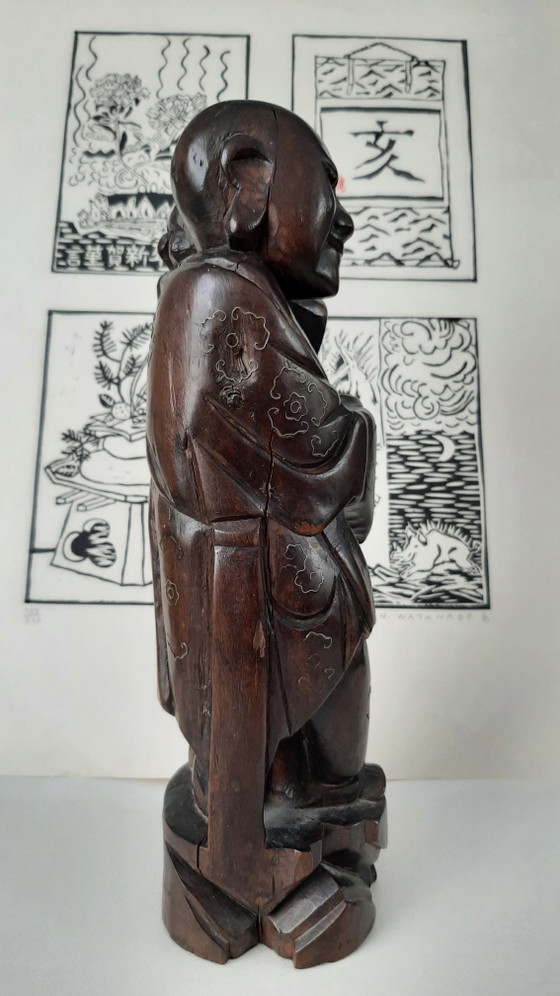 Image 1 of Antiek Chinees houten beeld, 1920 met zilverinleg