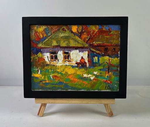 Original Oil Painting Village Day Landscape Light dances on every blade of grass