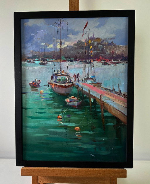 Original Oil Painting Coastal City Landscape A ship preparing to set sail