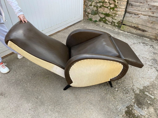 Fauteuil lounge inclinable repose pied simili cuir skai vintage 50