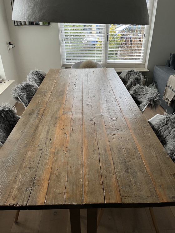 Image 1 of Unique Design Dining Table – Ramon van den Heuvel – Solid Aged Top – Brushed Stainless Steel Base