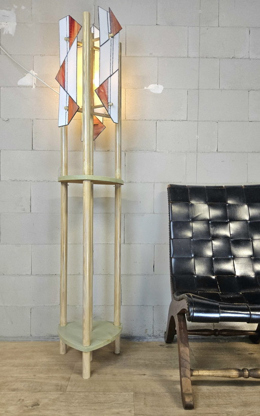 Vintage Handgemaakte japandi glas in lood grenenhout vloerlamp / unieke lamp