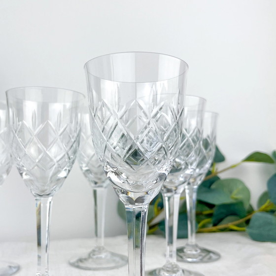 6 Vintage geslepen kristallen waterglazen – Cristallerie de Lorraine Lemberg met origineel label (1950s–1970s) (photo 3 of 8)