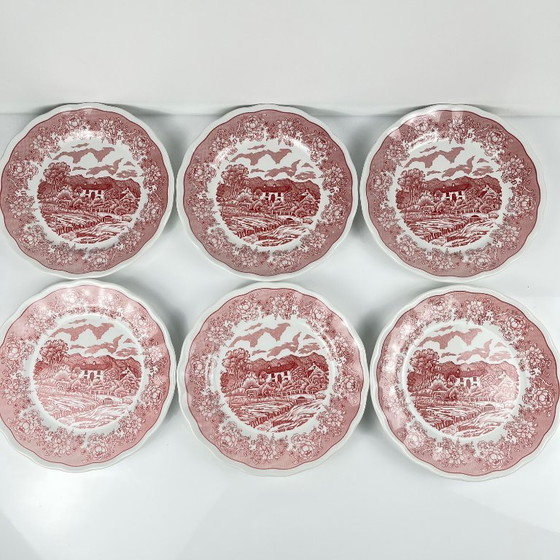 Image 1 of Set van 6 Italiaanse dessertbordjes met een Engels design en een rood patroon.