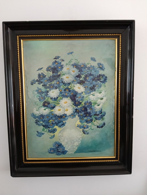 Kunst mit blauen Blumen – Marion Rice – Signiert