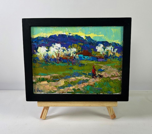 Original Oil Painting Summer House Landscape Beyond the village the path to freedom
