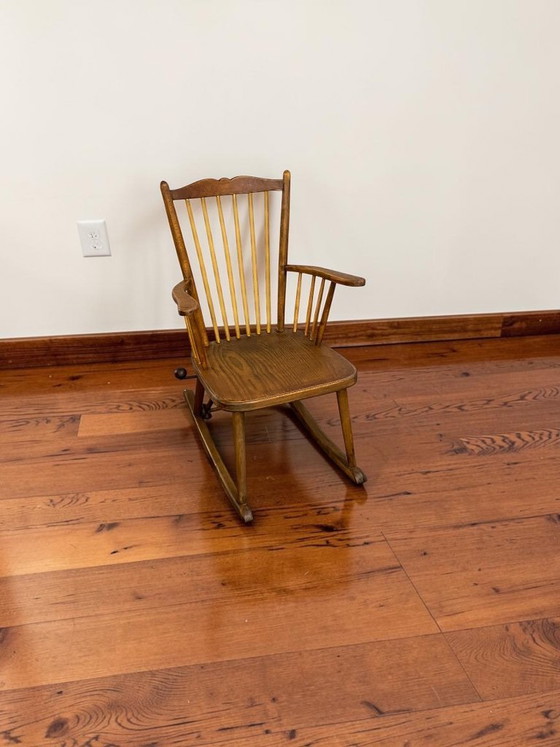 Image 1 of Antiker Schaukelstuhl um 1900–1920 mit Arretierung | Handgefertigter Windsor Rocking Chair | Folk Art Massivholz Sessel | Sammle
