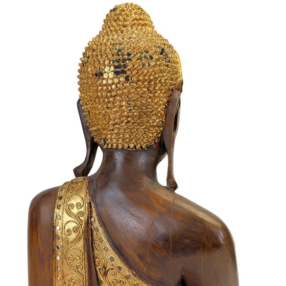 Antique Burmese Mandalay Wooden Buddha – Bhumisparsha – c. 1900–1930 – Sculpture, Glass (photo 11 of 11)