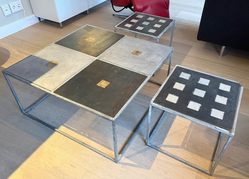 Juego de 3 mesas de centro únicas de diseño industrial del artista