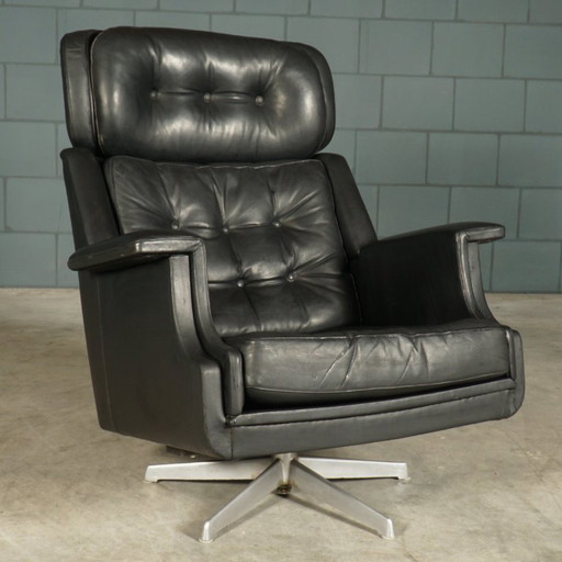 Poltrona girevole vintage in pelle nera, anni '70 – fauteuils, Leather, Metal