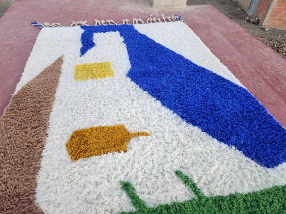 Tapis Beni Ouarain 300x200 cm – Laine épaisse, design artistique bleu Klein – Coton, Modern (photo 5 of 16)