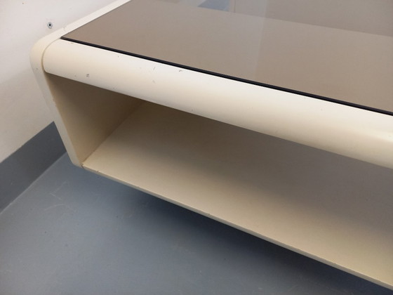 Image 1 of Vintage square coffee table in Space Age style, made of white wood and smoked glass, from the 1970s