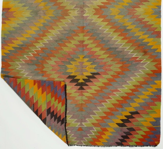 Tappeto Kilim Usak anatolico vintage 294x163 cm – Tessuto a mano in lana con motivo a zigzag colorato (photo 9 of 10)