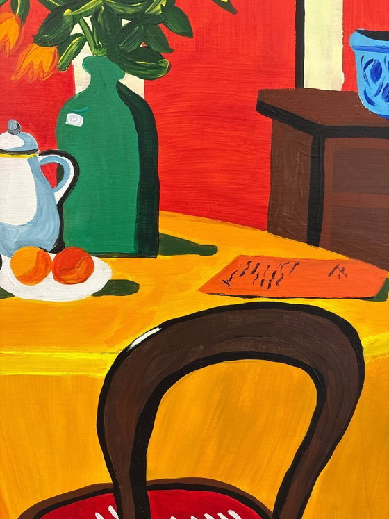 Image 1 of Pintura acrílica del artista E. García "El mantel amarillo" 100x70 cm