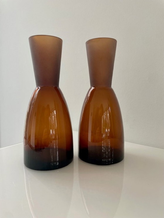 Image 1 of Set of 2 amber-colored Scandinavian design carafes / vases