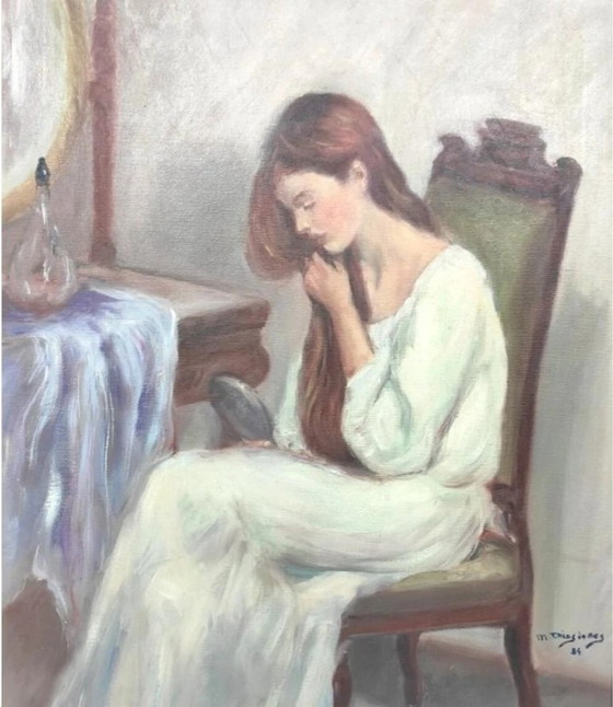 Image 1 of Antiek Frans olieverfschilderij uit het begin van de 20e eeuw, portret van een vrouw.