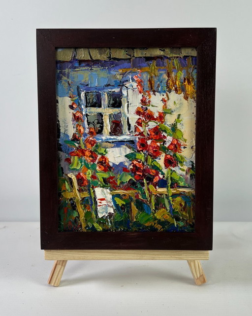 Original Oil Painting Summer Flowers Landscape Mallows are blooming near the house
