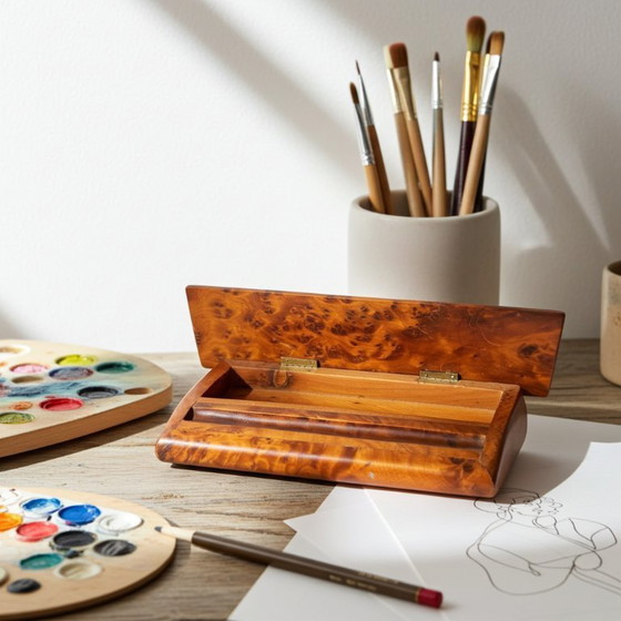 Image 1 of Antikes Federmäppchen mit Holzmesser aus Wurzelnussholz