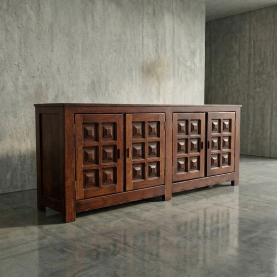 Image 1 of French Solid Oak Brutalist Four-Door Sideboard, 1960s
