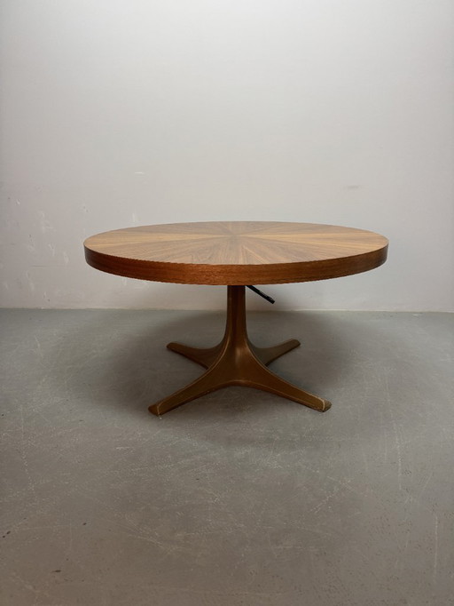 Mid-Century Design Round Adjustable Wooden Veneer Coffee / Dining Table by Ilse Möbel with Solid Centered Pedestal, Germany 1960