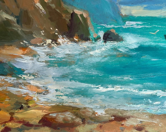 Image 1 of Peinture à l'huile originale représentant un paysage marin côtier. Navigation vers le rivage en bateau.