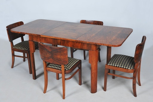 Gerestaureerde art-deco eethoek, beuken-, sparren- en walnootfineer, Tsjechisch, jaren 1920 – eetkamerset, Textile, Wood
