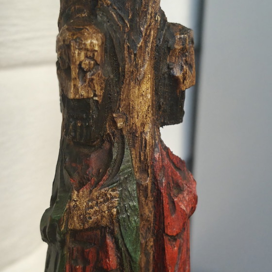 Hand-carved wooden candlestick with saint figures – 24 cm – Sculpture (photo 8 of 13)