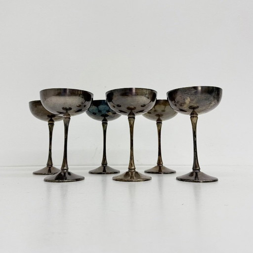 Set of 6 brass silver plated champagne coupes , 1970s Italy
