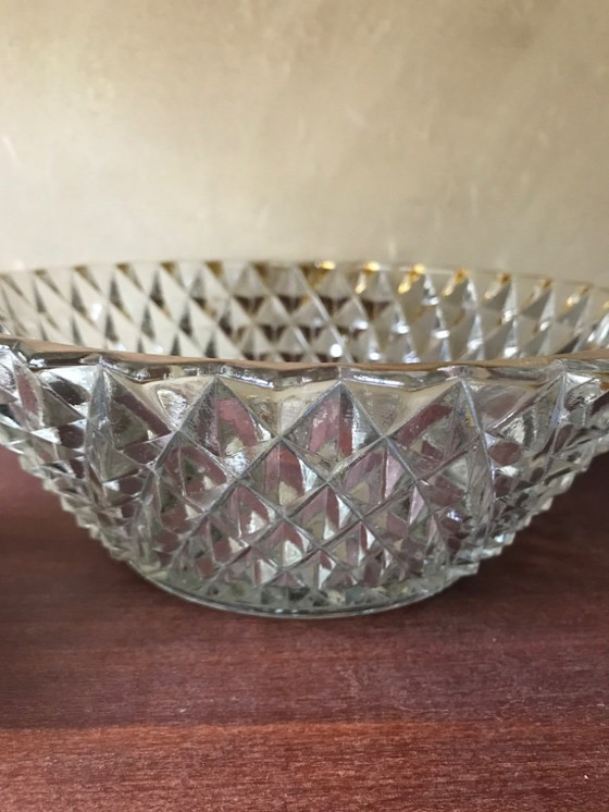 Image 1 of Franse punchschaal met kommetjes, geslepen glas met verchroomde rand 