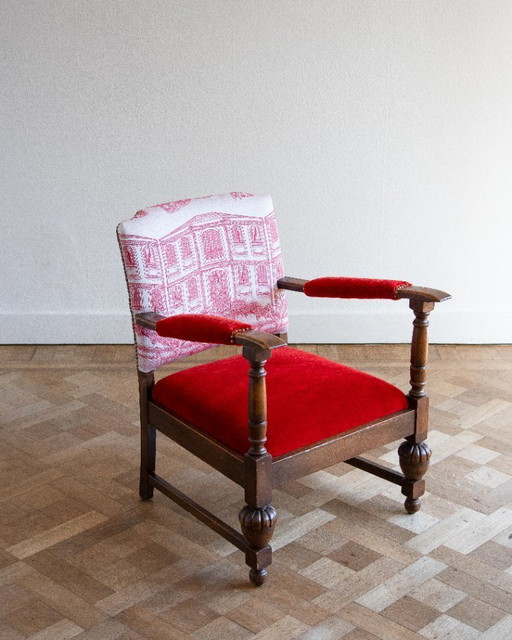 Poltrona in stile Luigi XV – Velluto mohair rosso – Stampa caffè parigino