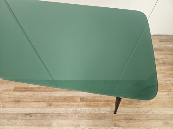 Image 1 of Mid-century mahogany dining table with aquamarine glass top