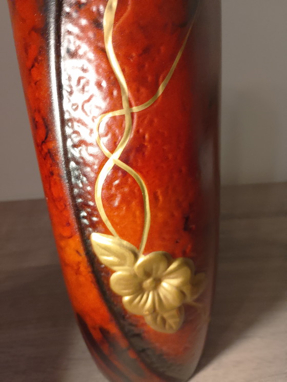 Image 1 of Rare Montjoye roll vase, manufactured by Legras, Art Nouveau style, enameled and gilded, with a wavy neck