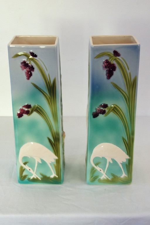 Paire de vases barbotine H 39cm Saint Clement vers 1900