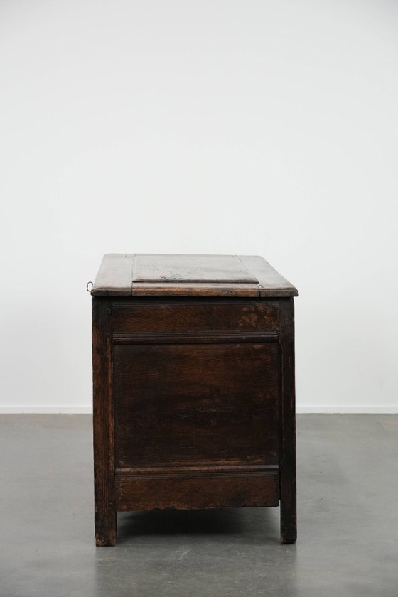 Image 1 of Large antique panelled English oak chest from the 18th century