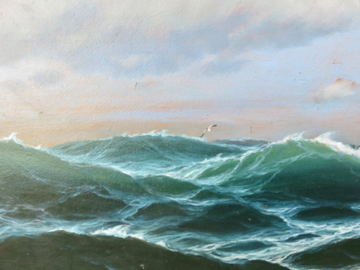 Framed painting depicting a very rough ocean 45cm x 76cm