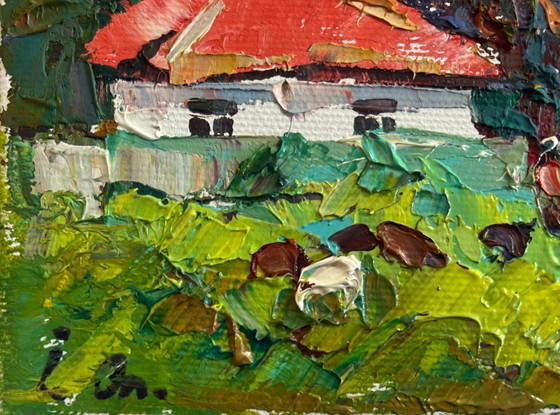 Image 1 of Original Oil Painting Autumn Village Landscape Autumn yellow sunset