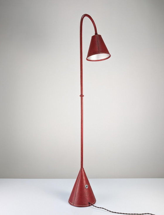 Jacques Adnet Red Leather Floor Lamp, Mid-Century Modern, France, 1960s – Lighting, Metal (photo 12 of 13)