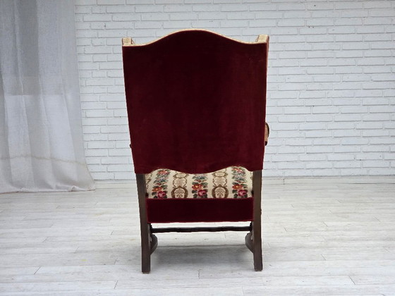 Image 1 of Poltrona danese con schienale alto, anni '50, tessuto di lana intrecciato, velluto rosso per mobili, legno di frassino.