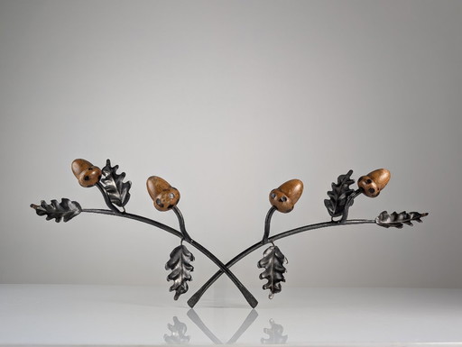 Signed Hand-Forged Iron & Wood Acorn Coat Rack, 1960s