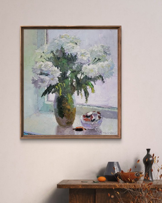 Original Oil Painting Still Life Chrysanthemums Flowers on the Window – Paintings & Drawings, Canvas (photo 3 of 7)