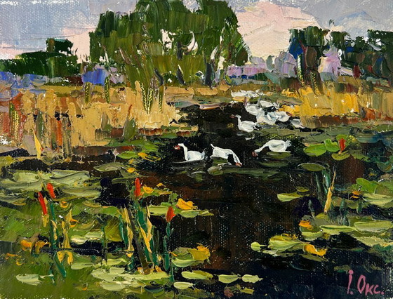Image 1 of Original Oil Painting Summer Nature Landscape Geese in the lake