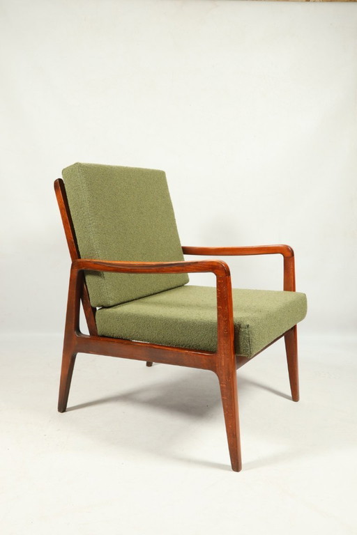 Mid-Century Armchair Vintage Green Boucle Cushion Wooden Lounge Chair, 1980s