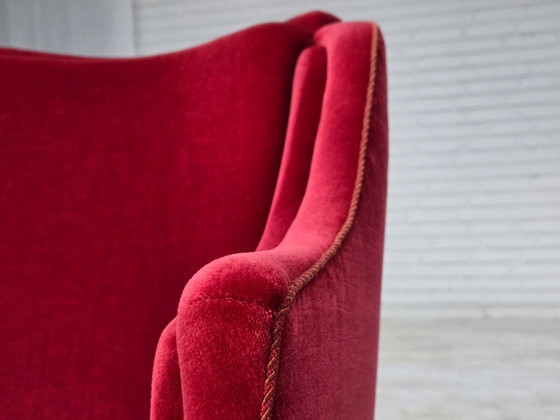 1970s, Danish 2-Seater Sofa, Red Furniture Velour, Ash Wood Legs. – 2 seaters, Velvet (photo 3 of 20)