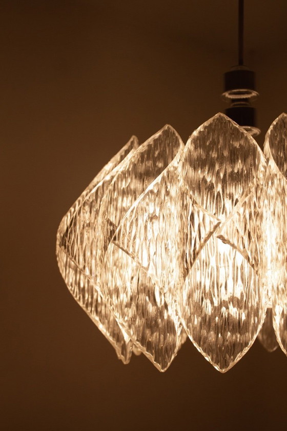 Image 1 of 70s ME Marbach Leuchten ‘ice glass’ acrylic pendant lamp with chrome suspension