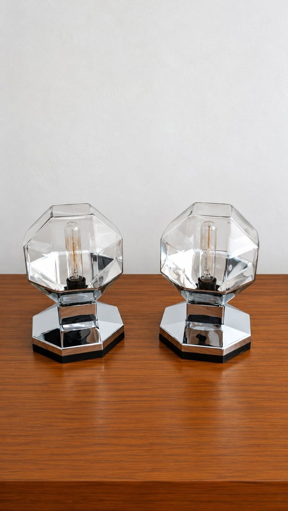 Lot of 11 Motoko Ishii Staff Leuchten Table lamps, Glass, Plastic, Silver (photo 5 of 10)