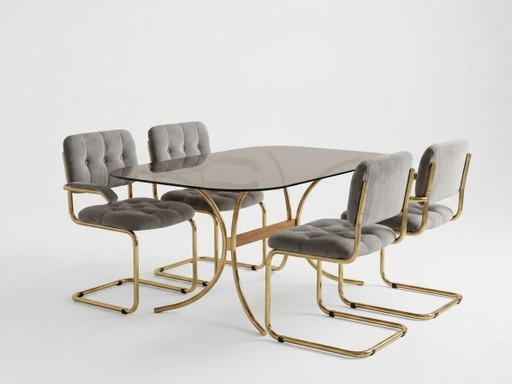 Italiaanse moderne grijze gecapitonneerde stoelen en glazen tafel, jaren 70, 5-delige set