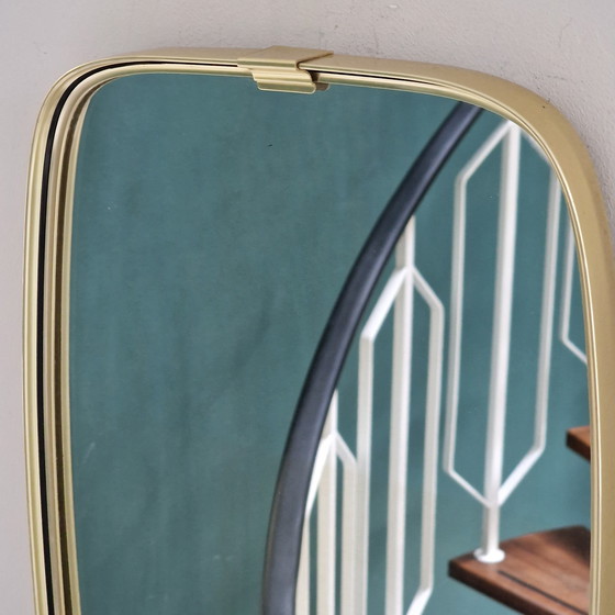 Image 1 of Vintage Mirror from 50s / 60s: Elongated Mirror with Brass Frame, Retro Wall Mirror, Gold Frame, German