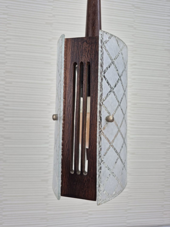 Mid-Century Pendant lamp in teak and embossed glass. Vintage lamp., Wood, Brown (photo 6 of 14)