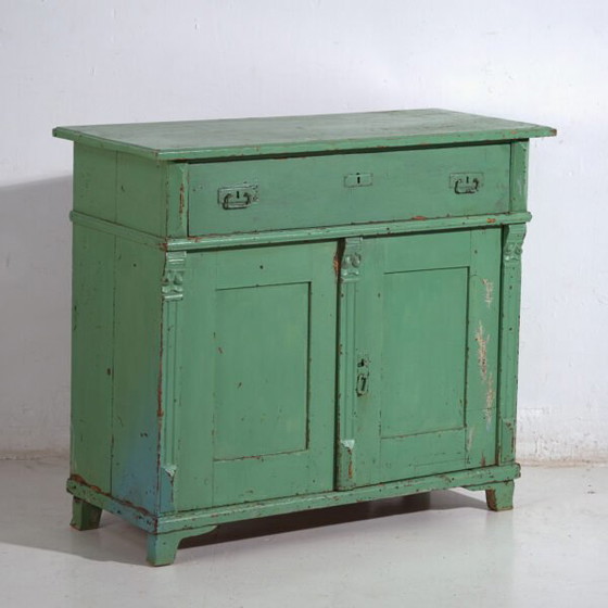 Central European chest of drawers with original green paint – Tyrol, circa 1890 – Brass, Rustic (photo 5 of 40)