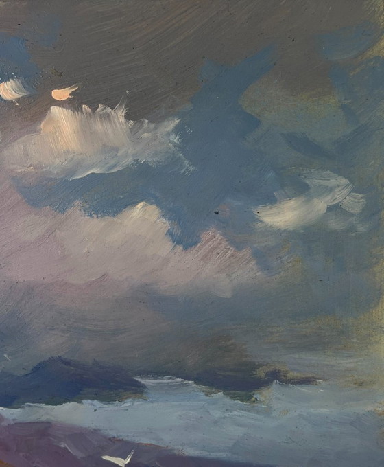 Image 1 of Original Oil Painting Evening Coastal Landscape Fishermen pull their nets into the sea